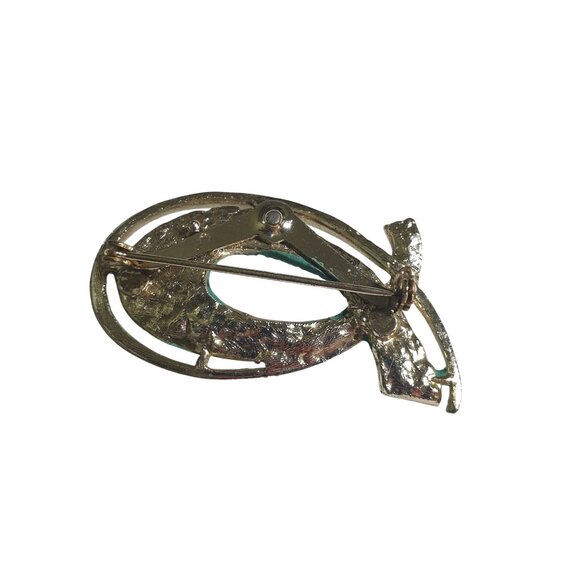 Gold Tone Textured Modernist Fish Pin Brooch Patina Teal Abstract Design Retro - Picture 3 of 5